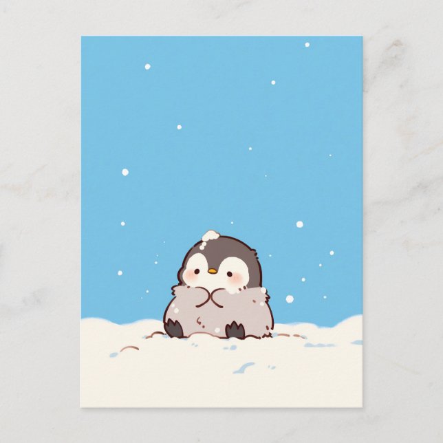 Cute Fluffy Penguin in Snowy Winter Landscape Vykort (Framsida)