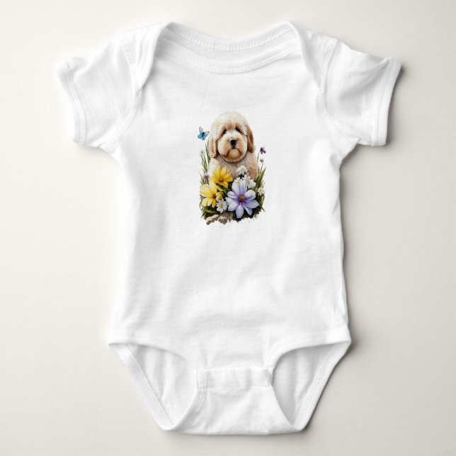 Cute Fluffy Puppy-Hund med blommor T Shirt (Framsida)