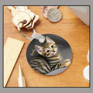 Cute fluffy tabby katt baby nyckelring