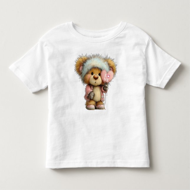 Cute Fluffy Teddy Bear in Winter Hat T Shirt (Framsida)
