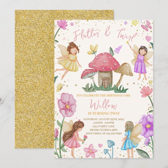 Cute Flutter och Twirl Fairy Birthday Inbjudningar (Fram/baksida)