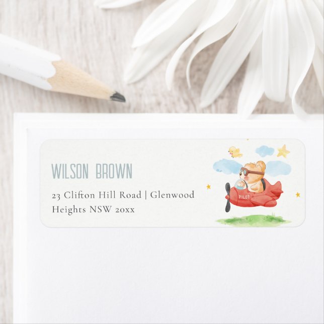 Cute Fly over Nalle Animal Flygplan Adress Returadress Etikett (Insitu)