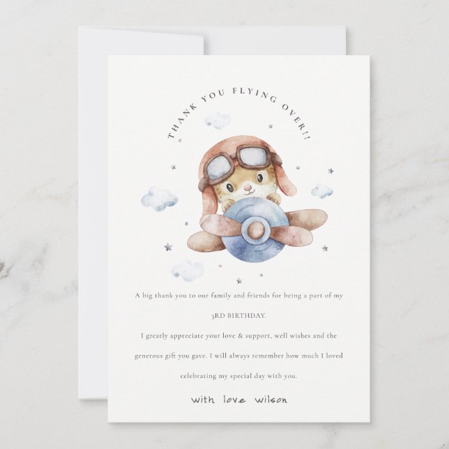 Cute Fly over Rust Navy Flygplan Teddy Stars Birth Tack Kort (Framsida)