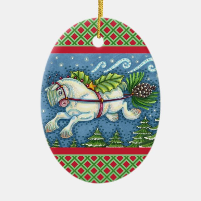 CUTE FLYING CHRISTMAS PONY PULLING PINECONE SLEIGH JULGRANSPRYDNAD KERAMIK (Framsidan)