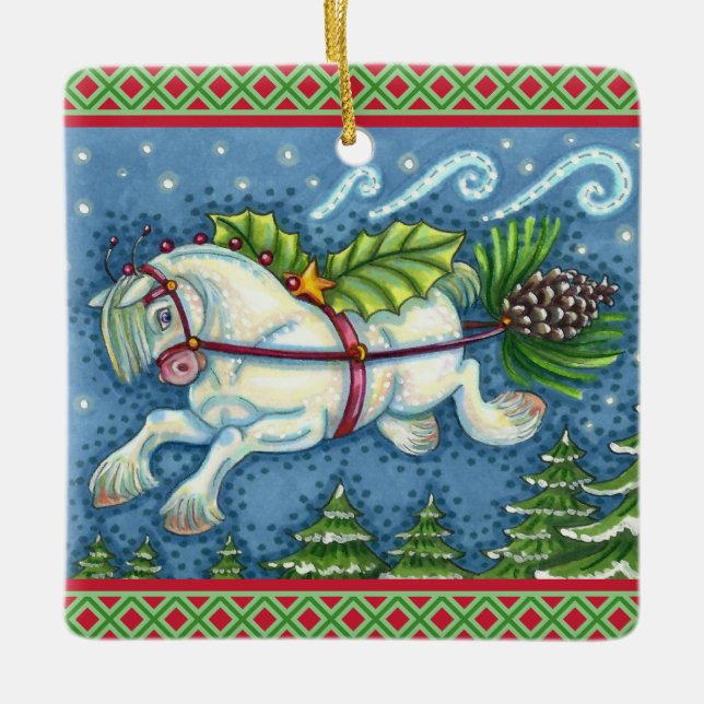 CUTE FLYING CHRISTMAS PONY PULLING PINECONE SLEIGH JULGRANSPRYDNAD KERAMIK (Framsida)