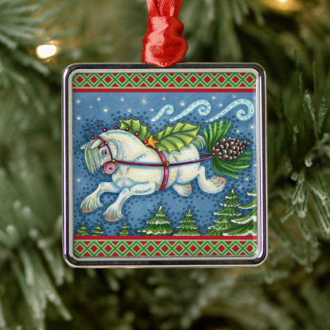 CUTE FLYING CHRISTMAS PONY PULLING PINECONE SLEIGH JULGRANSPRYDNAD METALL (Träd)