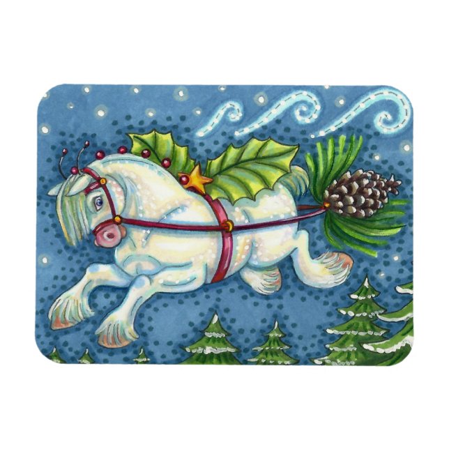 CUTE FLYING CHRISTMAS PONY PULLING PINECONE SLEIGH MAGNET (Horisontell)
