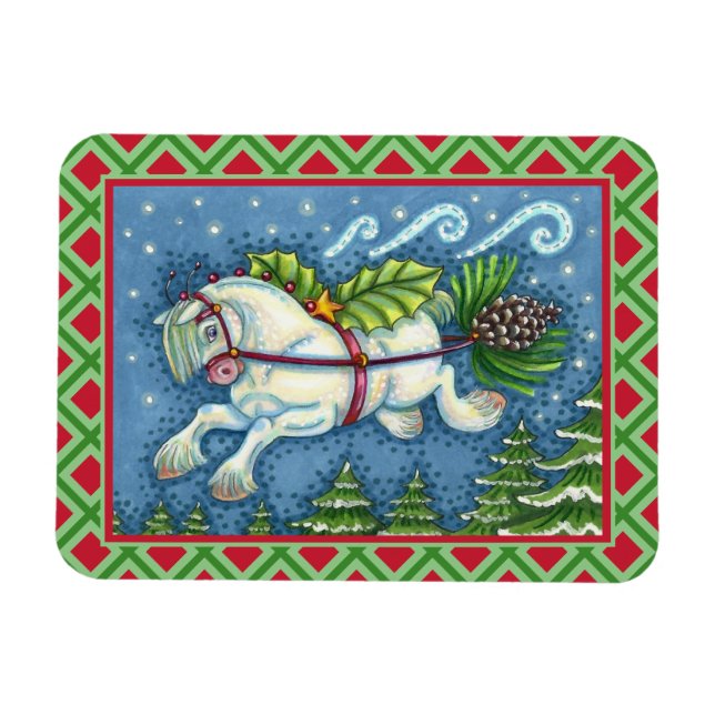 CUTE FLYING CHRISTMAS PONY PULLING PINECONE SLEIGH MAGNET (Horisontell)