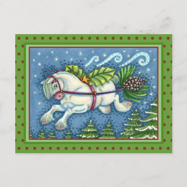 CUTE FLYING CHRISTMAS PONY PULLING PINECONE SLEIGH VYKORT (Framsida)