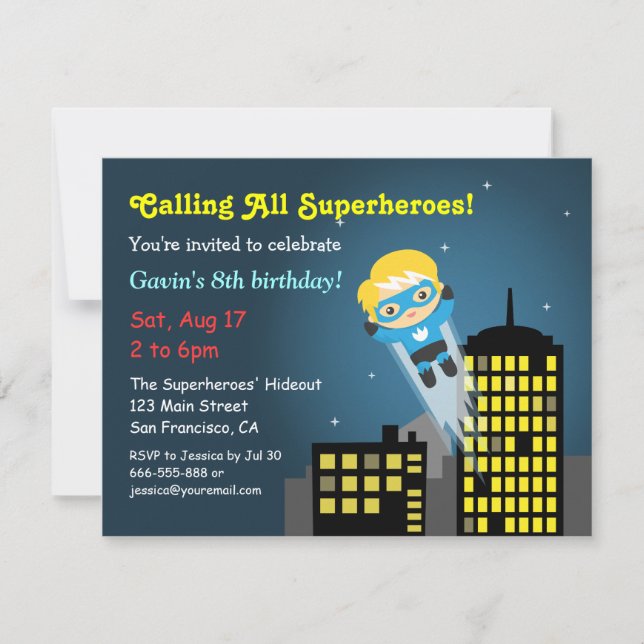 Cute Flying Superhero-Födelsedagsfest Inbjudningar (Framsida)