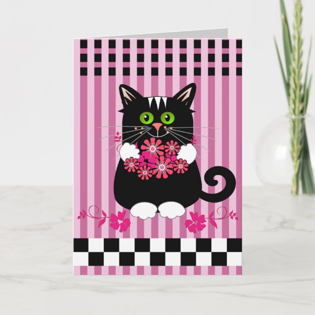 Cute-födelsedagskort med katt som erbjuder blommor kort (Framsida)