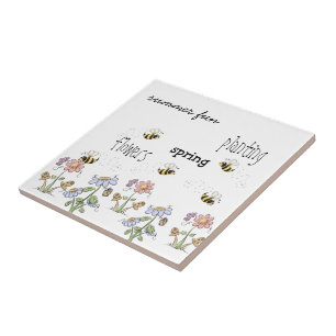 Cute Folk Art Bees Daisy Butterflies Kakelplatta