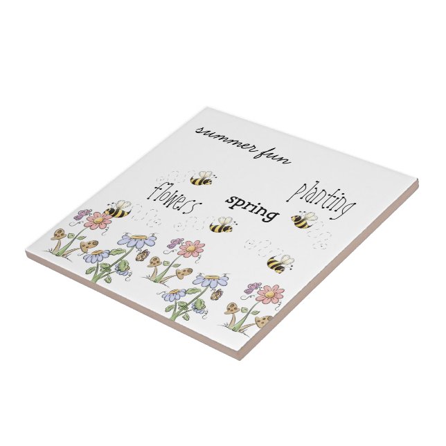 Cute Folk Art Bees Daisy Butterflies Kakelplatta (Sidan)