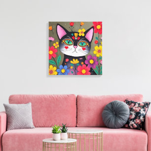 Cute Folk Art Black Cat and Flowers Canvastryck