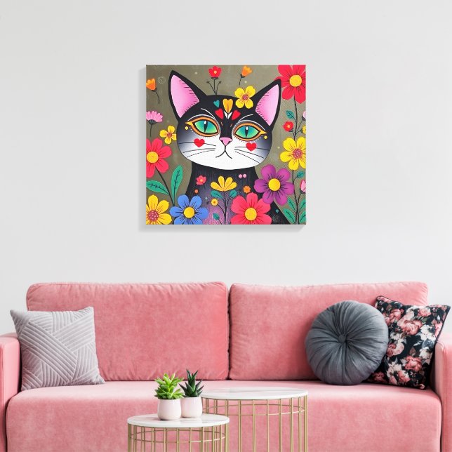 Cute Folk Art Black Cat and Flowers Canvastryck (Insitu (Vardagsrum))