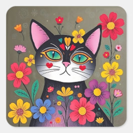 Cute Folk Art Black Cat and Flowers Fyrkantigt Klistermärke
