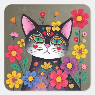 Cute Folk Art Black Cat and Flowers Fyrkantigt Klistermärke