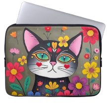 Cute Folk Art Black Cat and Flowers