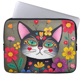 Cute Folk Art Black Cat and Flowers Laptop Fodral