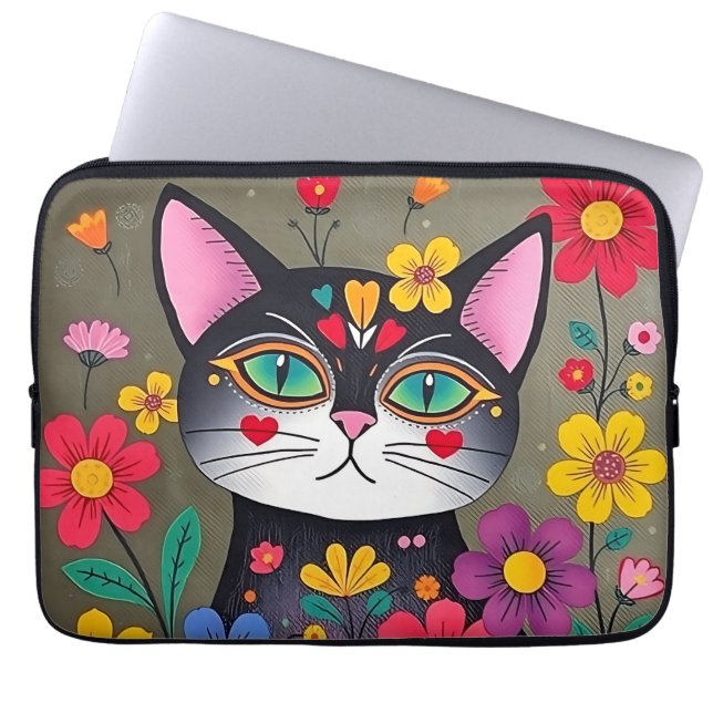 Cute Folk Art Black Cat and Flowers Laptop Fodral (Framsidan)