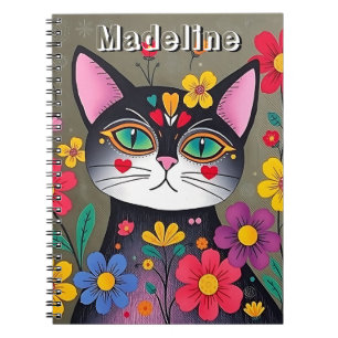 Cute Folk Art Black Cat and Flowers Personlig Anteckningsbok