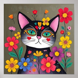 Cute Folk Art Black Cat and Flowers Poster