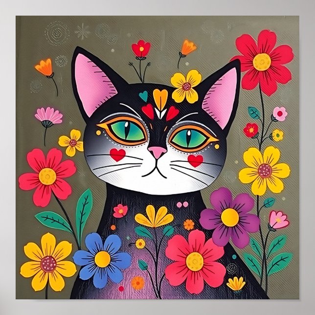 Cute Folk Art Black Cat and Flowers Poster (Framsidan)