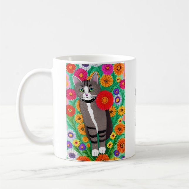 Cute Folk Art Cat | Bara en flicka som Kärlek katt Kaffemugg (Vänster)