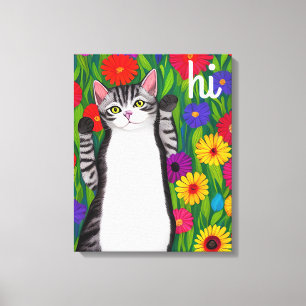Cute Folk Art Cat säger hej bland blommor Canvastryck