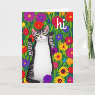 Cute Folk Art Cat säger hej bland blommor Kort