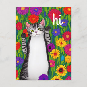 Cute Folk Art Cat säger hej bland blommor Vykort