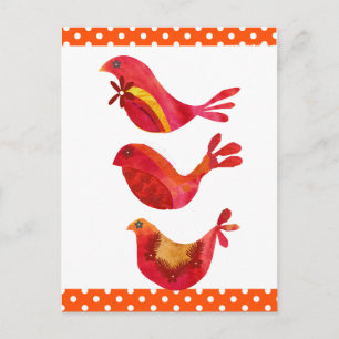 Cute Folk Art Red Bird Trio Watercolor Vykort