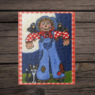 Cute Folk Art Scarerow Cat-Kråkor på Play Pussel