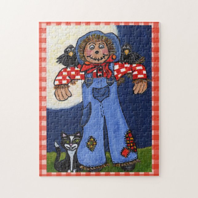 Cute Folk Art Scarerow Cat-Kråkor på Play Pussel (Vertikal)