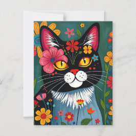 Cute Folk Art Whimsical Cat and Flowers Vykort