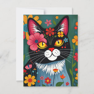 Cute Folk Art Whimsical Cat and Flowers Vykort
