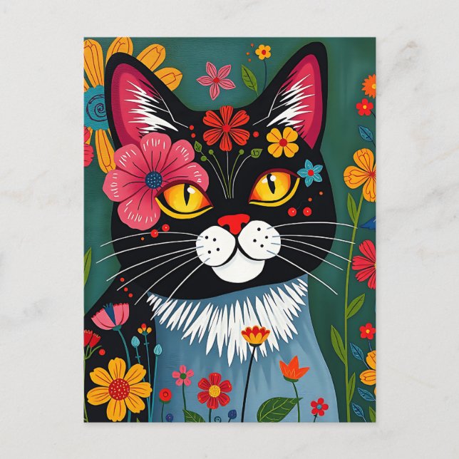 Cute Folk Art Whimsical Cat and Flowers Vykort (Framsida)