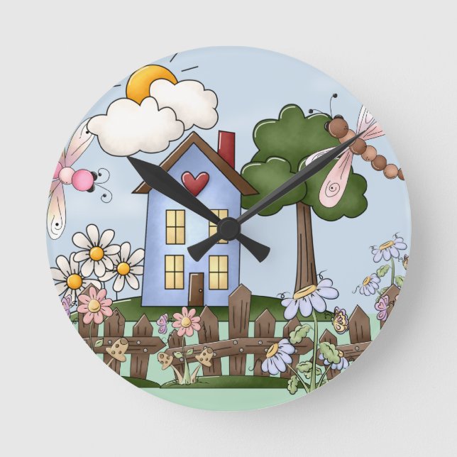 Cute Folk Dragonflies Flowers Blue House Rund Klocka (Framsida)