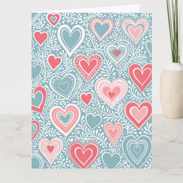 Cute Folk Floral Heart Dusty Blue Pink Baby Shower Kort (Framsida)