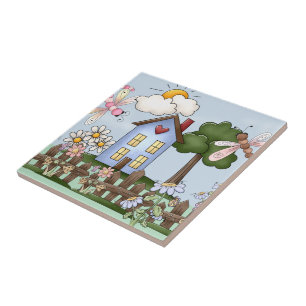 Cute Folk Land House och Picket Fence Art Kakelplatta