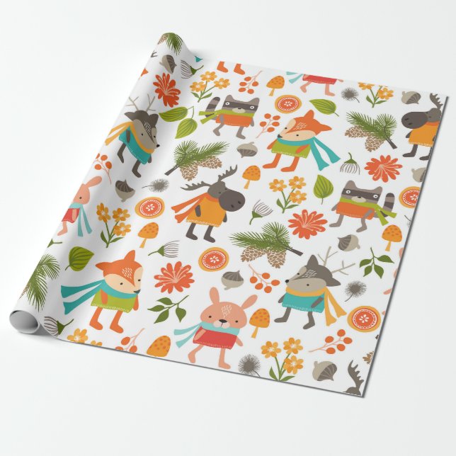 Cute Folksy Woodland Animals Presentpapper (Utrullad)