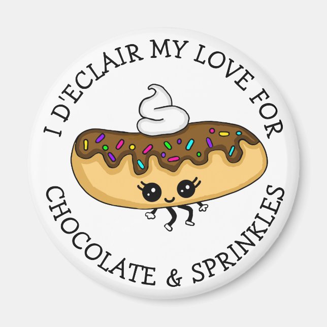 Cute Food Pun, Chocolate Éclair med Sprinkles Magnet (Framsidan)