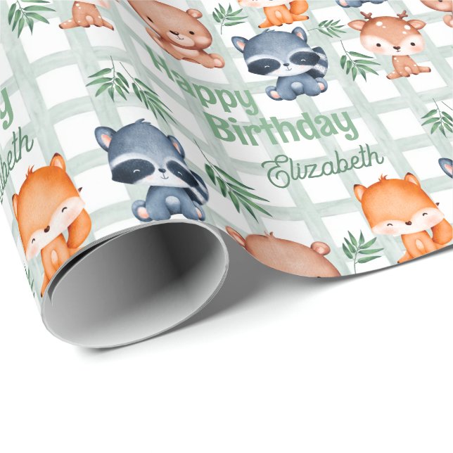 Cute Forest Animal Mint Kontrollerad Barns födelse Presentpapper (Rullad Hörn)