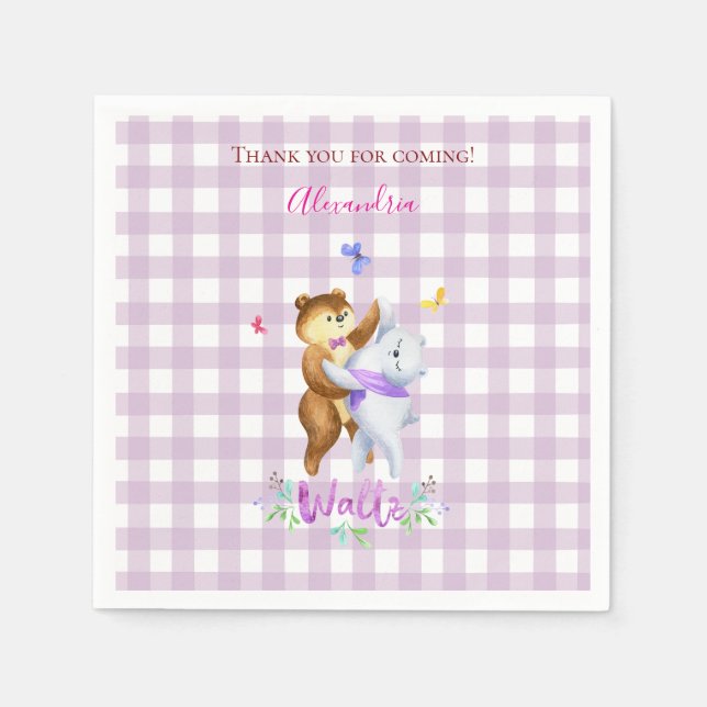Cute Forest Animals Ballroom Waltz Lilac Gingham Pappersservett (Framsidan)