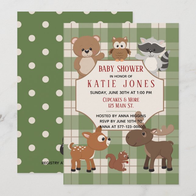 Cute Forest Animals Grönt Play Baby Shower Inbjuda Inbjudningar (Fram/baksida)