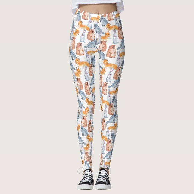 Cute Forest Animals Mönster Leggings (Framsida)