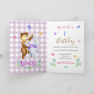 Cute Forest Bears Waltzing 1:a Birthday Party Inbjudan