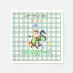 Cute Forest Foxes Dancing Charleston Grönt Gingham Pappersservett
