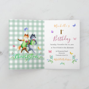 Cute Forest Foxes Grönt Gingham 1:a födelsedagen Inbjudan
