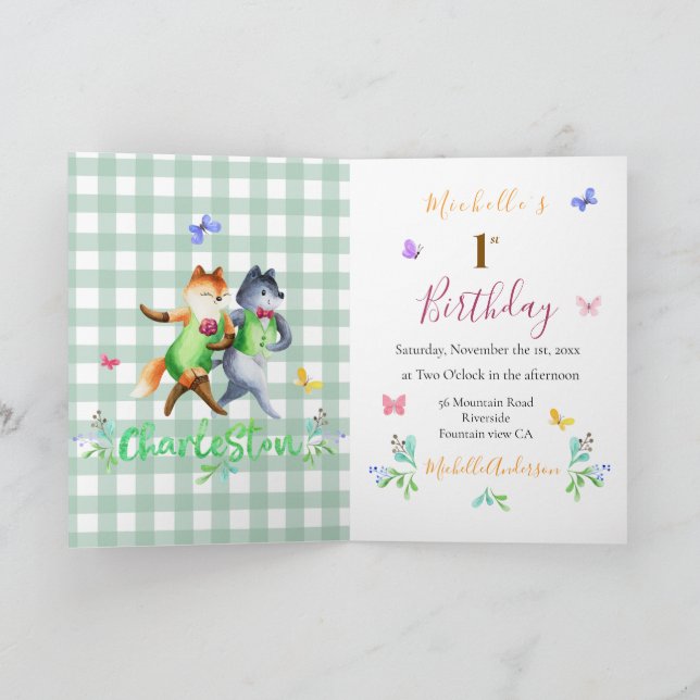 Cute Forest Foxes Grönt Gingham 1:a födelsedagen Inbjudan (Inuti)